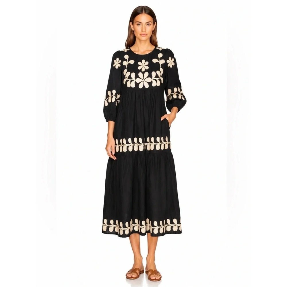CAROLINE CONSTAS Embroidered Linen Blend Puff Sleeve Maxi Dress Black Size 2